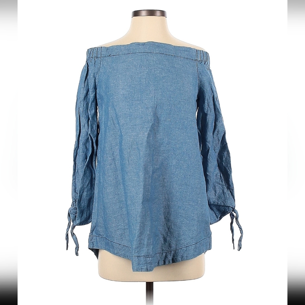Free People Top S Off Shoulder Jean Denim 52%cotton 48%linen Long Sleeve - Picture 8 of 10